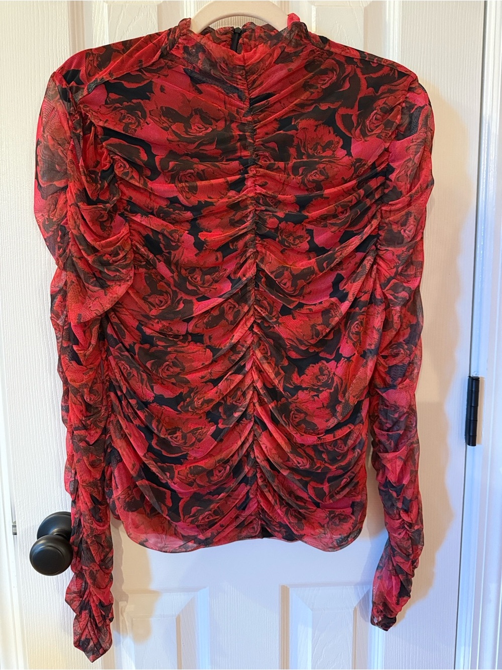 bagatelle Red Floral Ruched Sheer Long-Sleeve Top